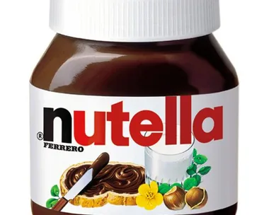 Jar of Nutella with logo, a slice of bread with Nutella spread, a knife, a glass of milk, hazelnuts, and a yellow flower on the label.