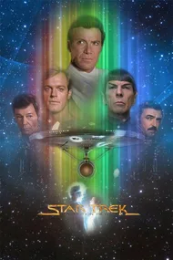 "Poster of 'Star Trek: The Motion Picture' showing main characters with the USS Enterprise and a starry background."