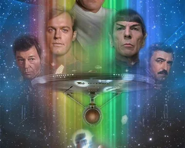 "Poster of 'Star Trek: The Motion Picture' showing main characters with the USS Enterprise and a starry background."