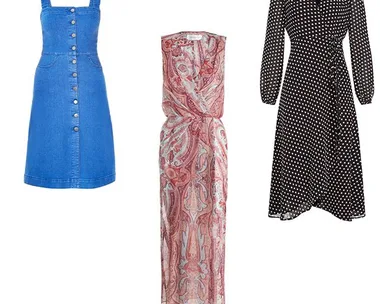 Three dresses: blue denim with buttons, red paisley print, and black with white polka dots.