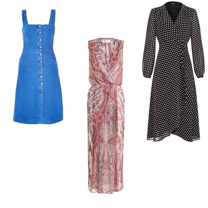 Three dresses: blue denim with buttons, red paisley print, and black with white polka dots.