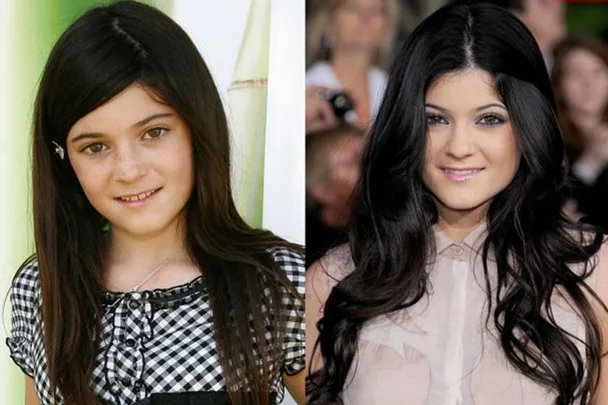 Side-by-side childhood and teenage photos of a girl with long dark hair and a gingham dress.