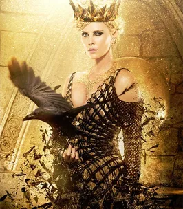 Charlize Theron as Queen Ravenna in "The Huntsman: Winter's War," wearing a crown and holding a black bird.