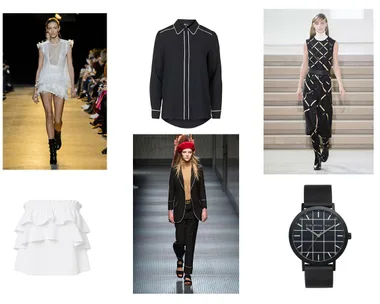 Fashion collage with models in runway outfits, black shirt, white ruffle top, and black watch displayed together.