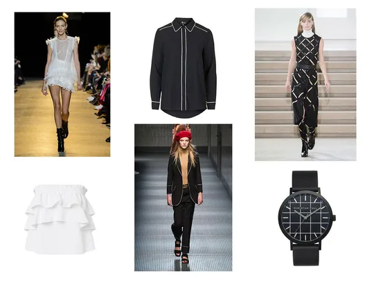 Fashion collage with models in runway outfits, black shirt, white ruffle top, and black watch displayed together.