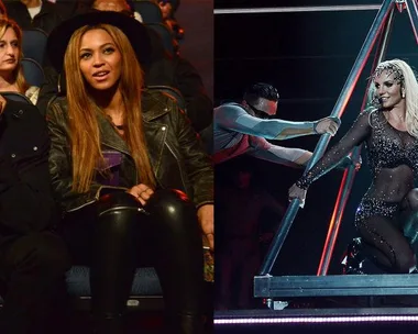 Jay-Z and Beyoncé enjoying a show in the audience, Britney Spears performing on stage during the same event.