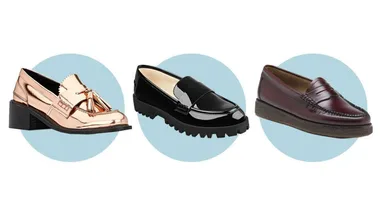 Three pairs of loafers: metallic rose-gold with fringe, black patent leather with chunky sole, and classic brown leather.