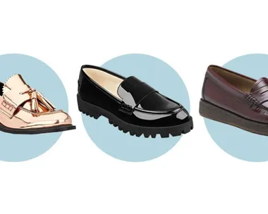 Three pairs of loafers: metallic rose-gold with fringe, black patent leather with chunky sole, and classic brown leather.