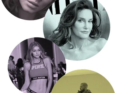 "Four circular photos of well-known figures from 2015: a woman with closed eyes, a woman posing, a model in a 'PINK' sports bra, and a man in a jacket."