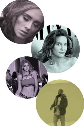 "Four circular photos of well-known figures from 2015: a woman with closed eyes, a woman posing, a model in a 'PINK' sports bra, and a man in a jacket."