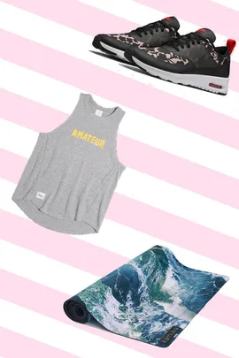 Gray "Amateur" tank top, camo sneakers, and ocean wave yoga mat on pink striped background.