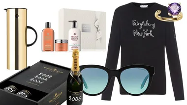 "Gift ideas: gold coffee press, Molton Brown set, sweater, Moet & Chandon, sunglasses, and ring."