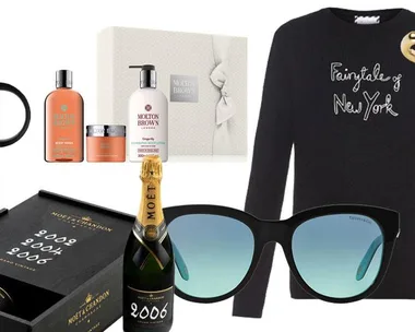 "Gift ideas: gold coffee press, Molton Brown set, sweater, Moet & Chandon, sunglasses, and ring."