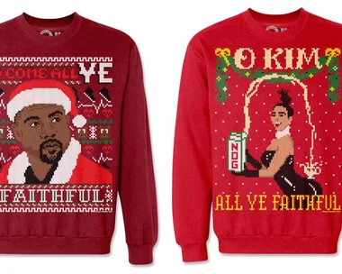 Two red holiday sweaters featuring illustrated characters, one with "O Come All Ye Faithful" text and another with "O Kim All Ye Faithful" text.