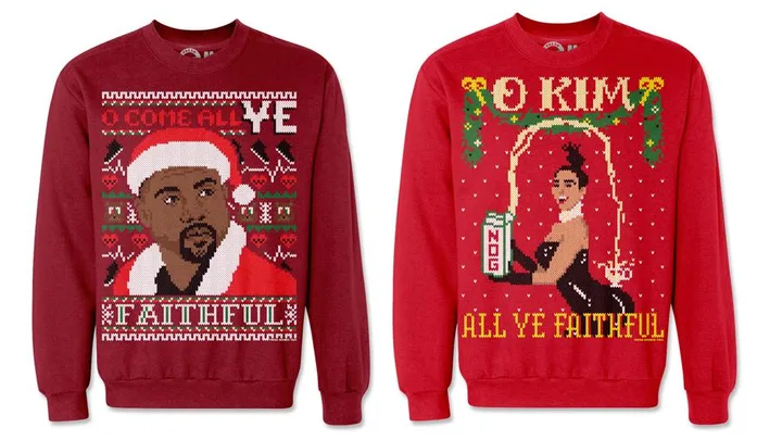 Two red holiday sweaters featuring illustrated characters, one with "O Come All Ye Faithful" text and another with "O Kim All Ye Faithful" text.