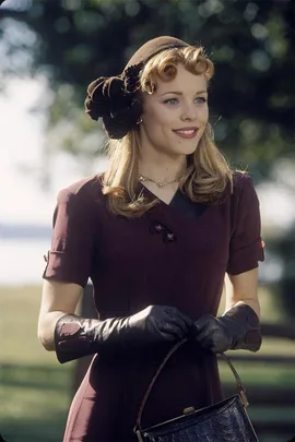 Rachel McAdams as Allie Hamilton in "The Notebook" wearing a vintage maroon dress, gloves, and hat, smiling outdoors.