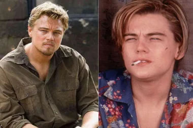 Two side-by-side images of Leonardo DiCaprio, one from Blood Diamond and the other from Romeo + Juliet.