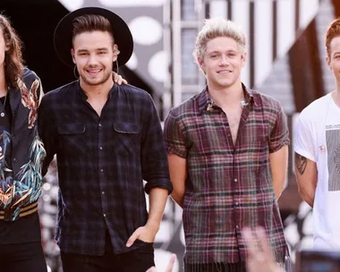 Members of the band One Direction standing together and smiling during an outdoor event.