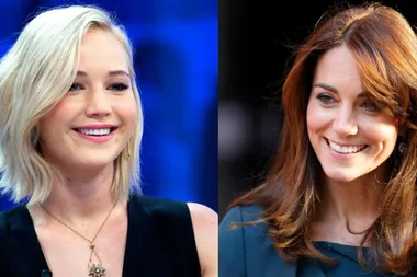 Jennifer Lawrence and another woman smiling in separate images side by side.