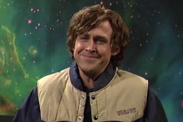 Ryan Gosling in a blonde wig and beige vest, smiling on the SNL sketch "Close Encounters" with an outer space background.