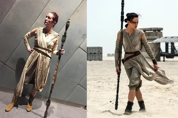 Two images side by side: left, a person in a Rey from Star Wars costume; right, Rey in the desert holding her staff.