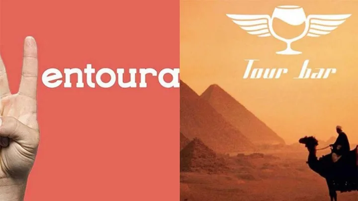 Split image: Left shows "entourage" with a peace sign hand; Right shows "Tour bar" with a camel and pyramids backdrop.