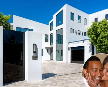 Modern white home with large windows; inset shows a couple smiling closely.