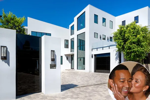 Modern white home with large windows; inset shows a couple smiling closely.