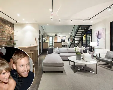 Bright modern living room with sleek furniture and a circular inset of two smiling individuals.