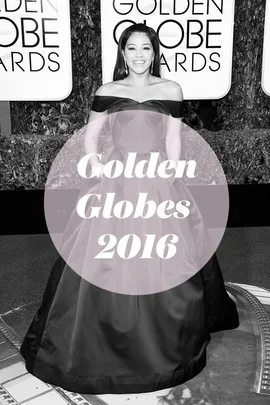 Actress in an off-shoulder gown at the Golden Globes 2016 red carpet event.