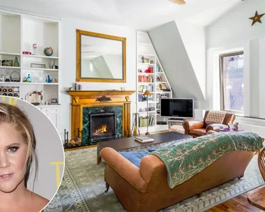 Living room with light blue walls, wooden furniture, a fireplace, and large windows; inset shows Amy Schumer.