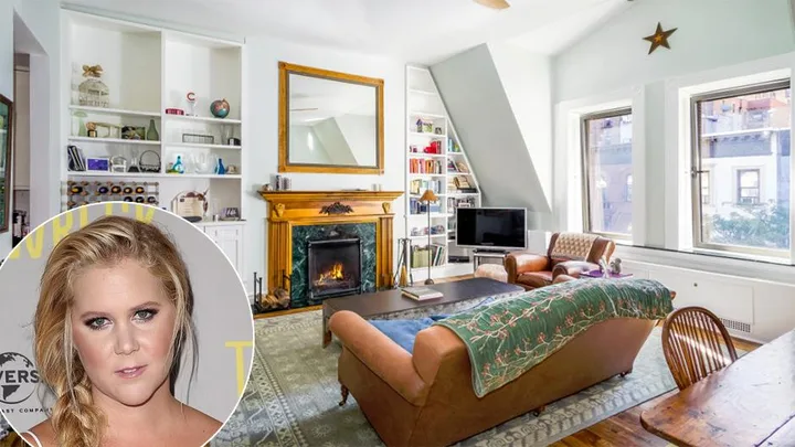 Living room with light blue walls, wooden furniture, a fireplace, and large windows; inset shows Amy Schumer.