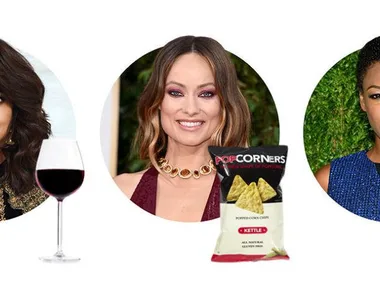 Three women with snacks: a glass of wine, PopCorners chips, and a bowl of popcorn in front of them.