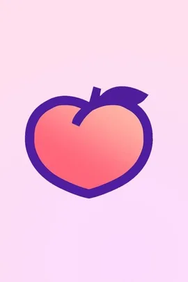 Peach social app logo, a peach with a purple border and leaf on a pink background.