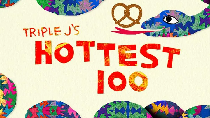 "Triple J's Hottest 100 banner: colorful snake holding a pretzel in its mouth, vibrant abstract patterns in background."