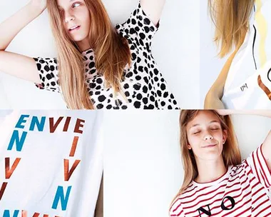 A collage of four images showing a woman modeling various printed t-shirts from Etre Cecile's collection available at Myer.