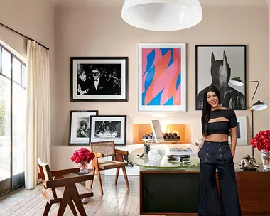 Kourtney Kardashian standing the office of her LA Calabasas home