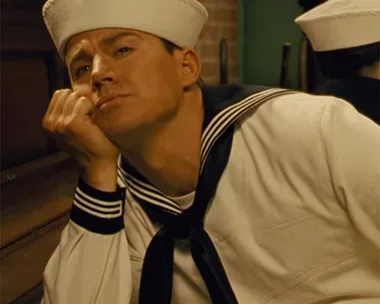 Channing Tatum wearing a sailor suit for his new movie Hail, Caesar!