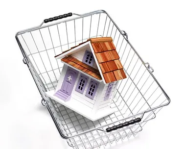 A toy house in a shopping basket.