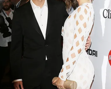 Miranda Kerr and Evan Spiegel on the pre-GRAMMYs red carpet.