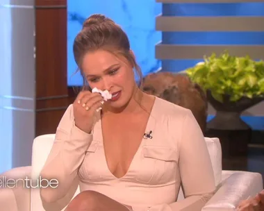 Ronda Rousey crying on The Ellen Show with Ellen DeGeneres.