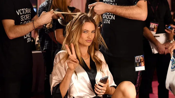 Behati Prinsloo backstage at the 2014 Victoria's Secret Fashion Show.