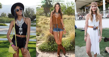 Three supermodels at Coachella in bohemian outfits with accessories, hats, and sunglasses in an outdoor setting.