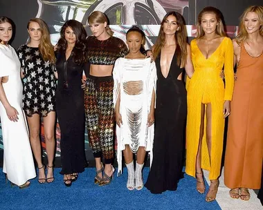 Models Gigi Hadid and Martha Hunt, actress Hailee Steinfeld, model Cara Delevingne, recording artists Selena Gomez and Taylor Swift, actress Serayah McNeill, model Lily Aldridge, actress Mariska Hargitay and model Karlie Kloss attend the 2015 MTV Video Music Awards