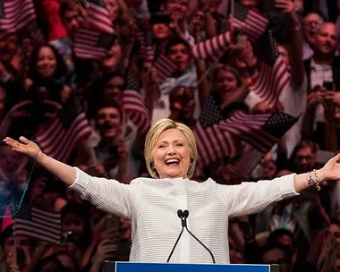 Democratic presidential candidate Hillary Clinton arrives onstage during a primary night rally at the Duggal Greenhouse in the Brooklyn