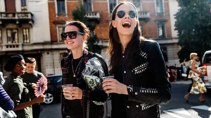 Models Katlin Aas and Mina Cvetkovic exit the Etro show during the Milan Fashion Week