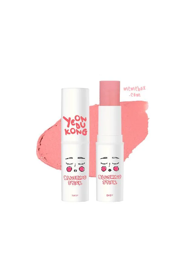 Yeondukong Blushing Stick with pink blush swatch in background and illustrated face design on packaging.