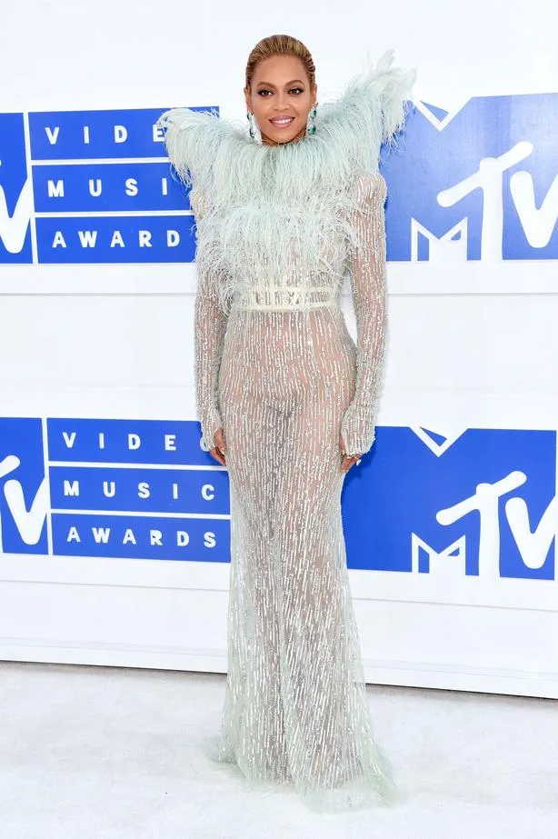 Singer in a sheer, feathered gown at the MTV Video Music Awards red carpet.