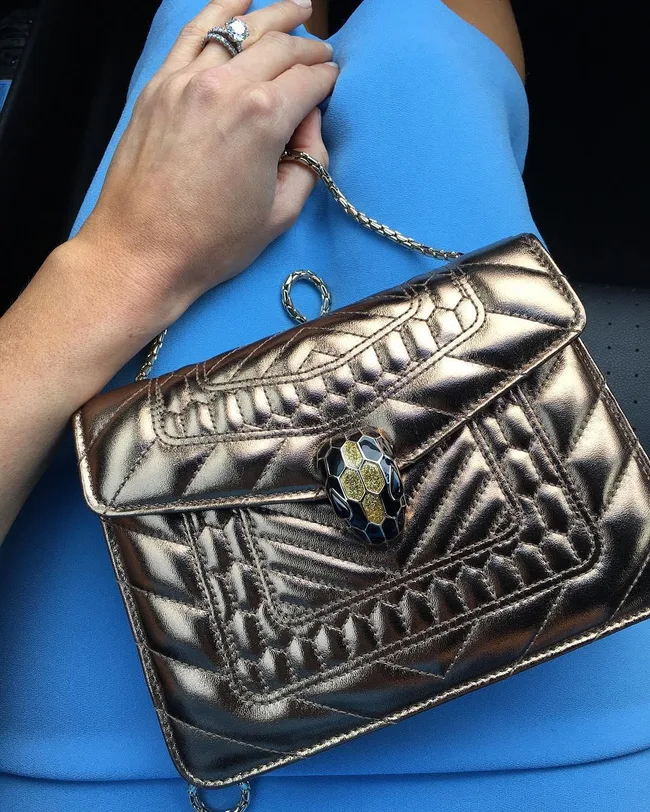 A hand holds a metallic purse with a snakehead clasp on a lap covered by a blue garment.