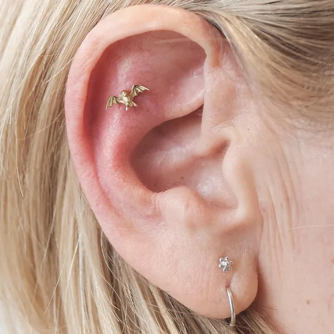 A close-up of an ear with a small gold bat-shaped piercing inside and a silver hoop on the earlobe.